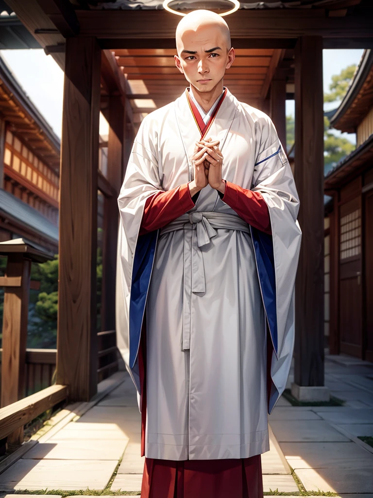Highest quality,Highest Resolution,A skinhead monk wearing a robe prays with his hands together,Halo,Japanese,Japanese temple grounds,
