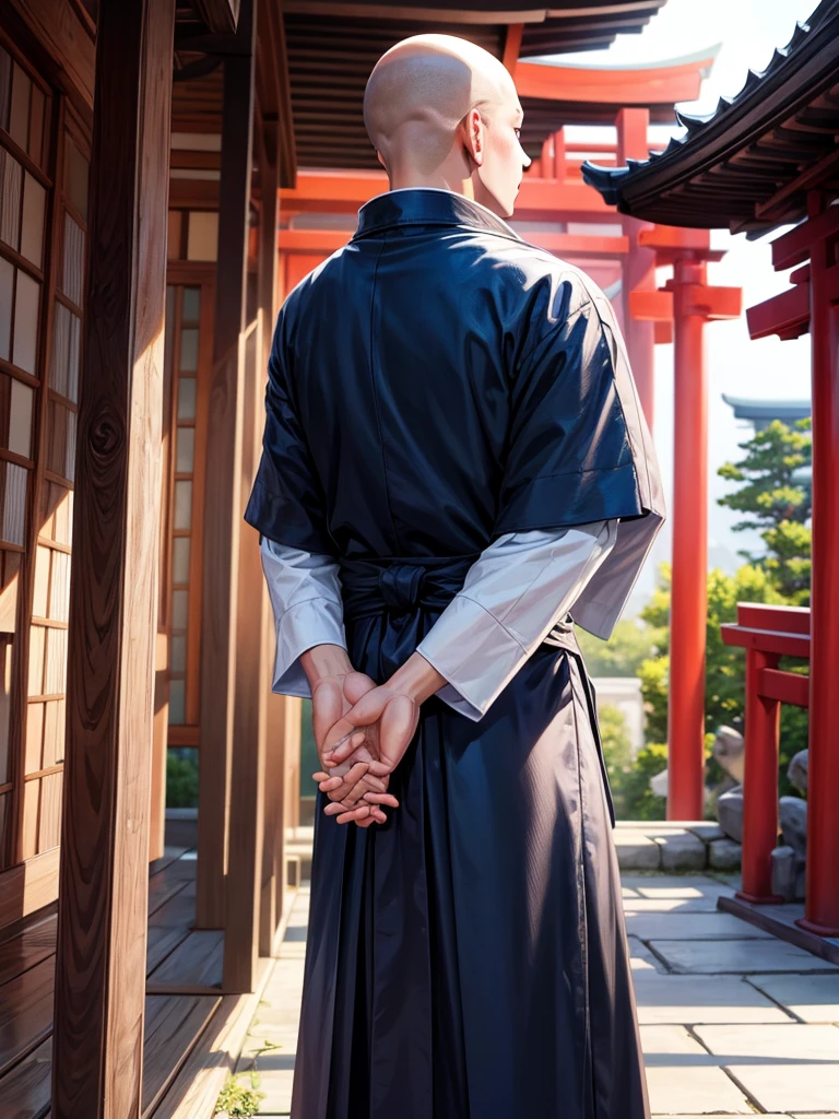 Highest quality,Highest Resolution,A skinhead monk wearing a robe prays with his hands together,Halo,Japanese,Japanese temple grounds,