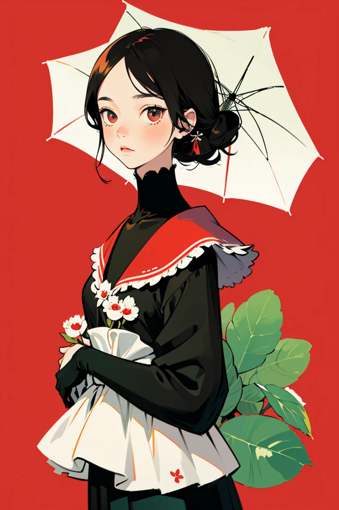 best quality,masterpiece,ultra high resolution,1 girl,Side face to the camera,Uno,Yamamoto Takato style,
simple background,Red_background,a robin，Camellia，Cold-blooded girl