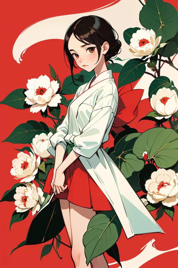 best quality,masterpiece,ultra high resolution,1 girl,Side face to the camera,Uno,Yamamoto Takato style,
simple background,Red_background,a robin,Camellia,Cold-blooded girl