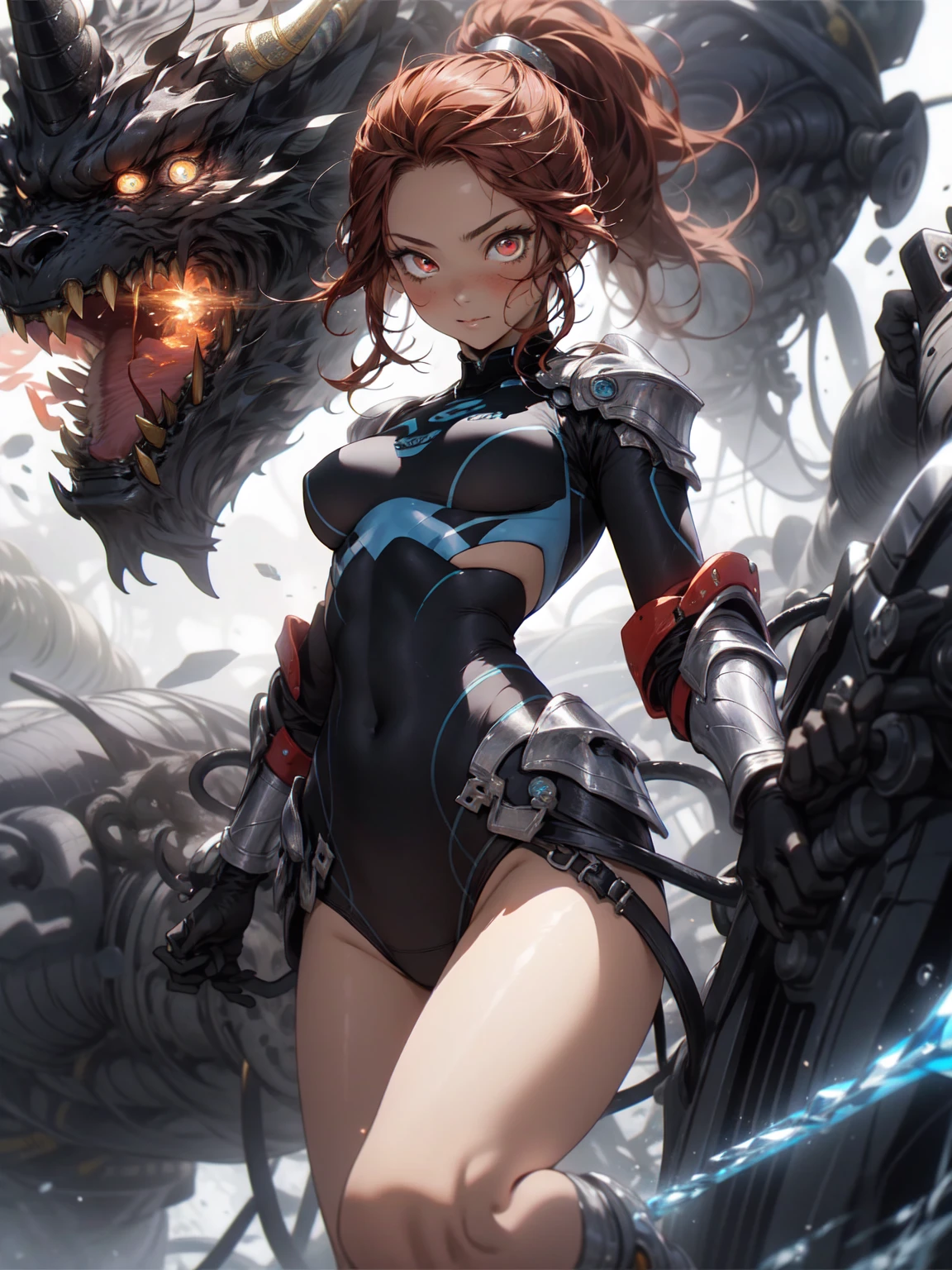 Be realistic，（masterpiece，Highest quality，Highest quality，Very detailed，Fractal Art，Most detailed，（Abstract background：1.5）（1 Girl），Kamimei，（Redhead Ponytail），（Red eyes glow、Big Breasts、Toned Abs，Stunned)，Abyss Stick、crystallization，Black competitive swimsuit、High Leg、Sexy、Machine Armor、Sunburned skin、Demon Horn、Berserk, scratch、mini skirt