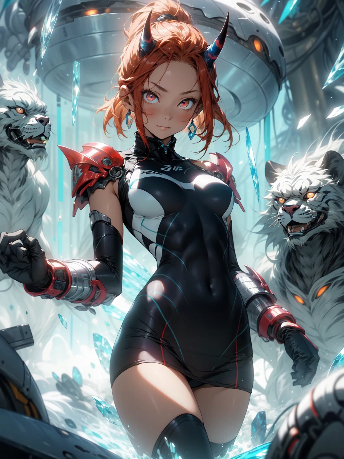 Be realistic,(masterpiece,Highest quality,Highest quality,Very detailed,Fractal Art,Most detailed,(Abstract background:1.5)(1 Girl),Kamimei,(Redhead Ponytail),(Red eyes glow、Big Breasts、Toned Abs,Stunned),Abyss Stick、crystallization,Black competitive swimsuit、High Leg、Sexy、Machine Armor、Sunburned skin、Demon Horn、Berserk, scratch、mini skirt