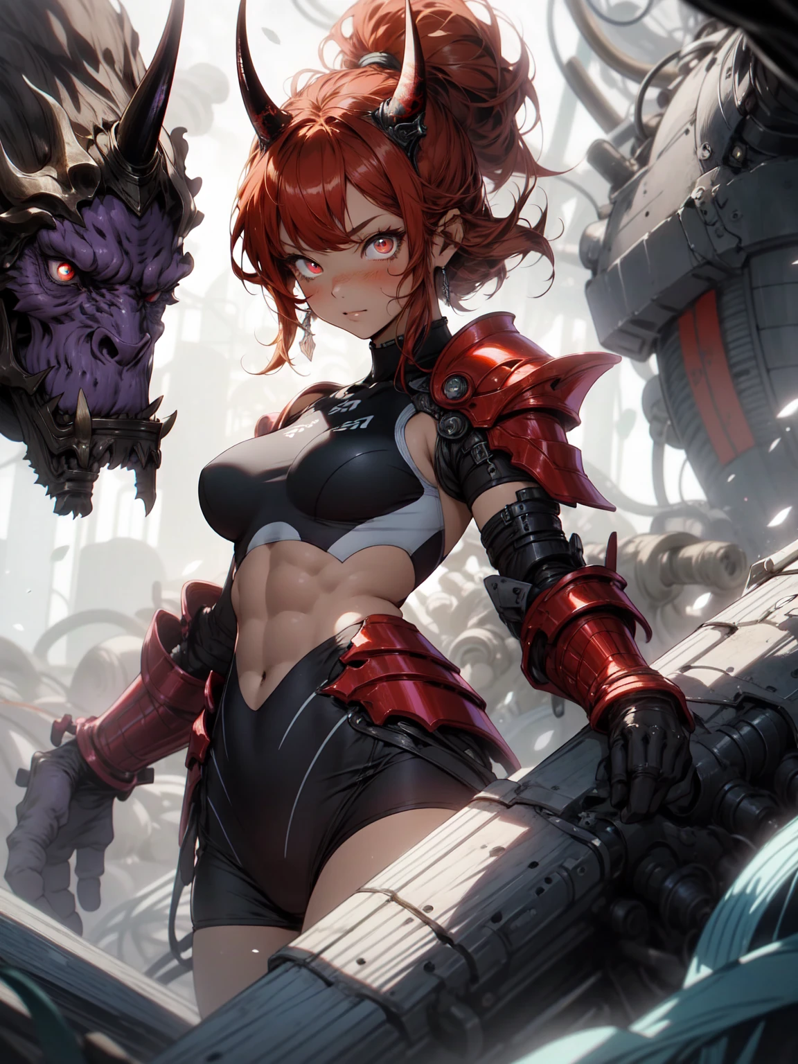 (masterpiece), ((Top image quality)), (Super Detail), ((Very detailed)), 4K, (8K), top-quality, (Beautiful fece),(((World-class quality))), Super Detail, hight resolution, Nihilister、(((elongated eyes、NSFW、Beautiful nipples)))、(masturbation,dildo:1.1, pussy juice)、Bring the subject to the fore、Upper body、Mechanical parts, mechanical arms, mechanical legs, machinery, dragon tail, pelvis curtain, Leotard, Red Eyes, Huge breasts:1.1,Vanity fair、bich、痴女、Provocative smile with teeth、(Oiled skin, glistning skin、high gloss skin、Professional Lighting)、(Spread legs,m-legs,squatting with legs open)