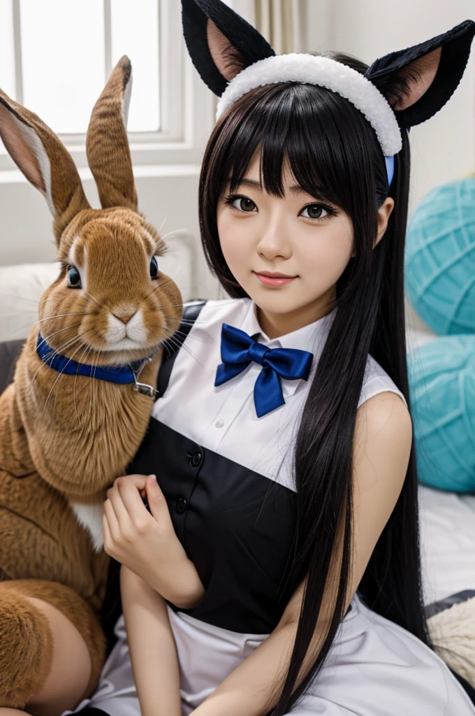 Man in Easter Bunny monster costume carries topless beautiful bikini matuture Asian pornstar in his arms embrace cuddling kissing sitting on lap nsfw