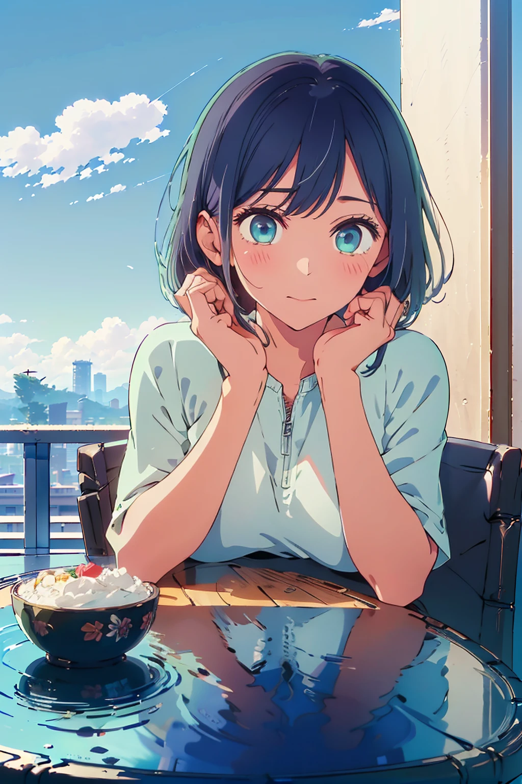 (Highest quality、masterpiece、超detailed、Ultra-high resolution、Absurd、Absolute Resolution、8K、detailed:1.4)、F cup bust、Big Breasts、Slim body、Very white beautiful skin、((((1 person、Surprised expression、sit、Chair、In the background are the urban buildings of Tokyo、looking at the camera、Outdoor café terrace、Navy hair color、juice、Shooting up close、table、Very cute face))))、((((nude、Areola))))、(Pose with hands tucked behind ears:1.4、Cheek resting on hand:1.4)、Off-the-shoulder blouson、Black blouson with zipper、Very blue sky、A completely cloudless sky