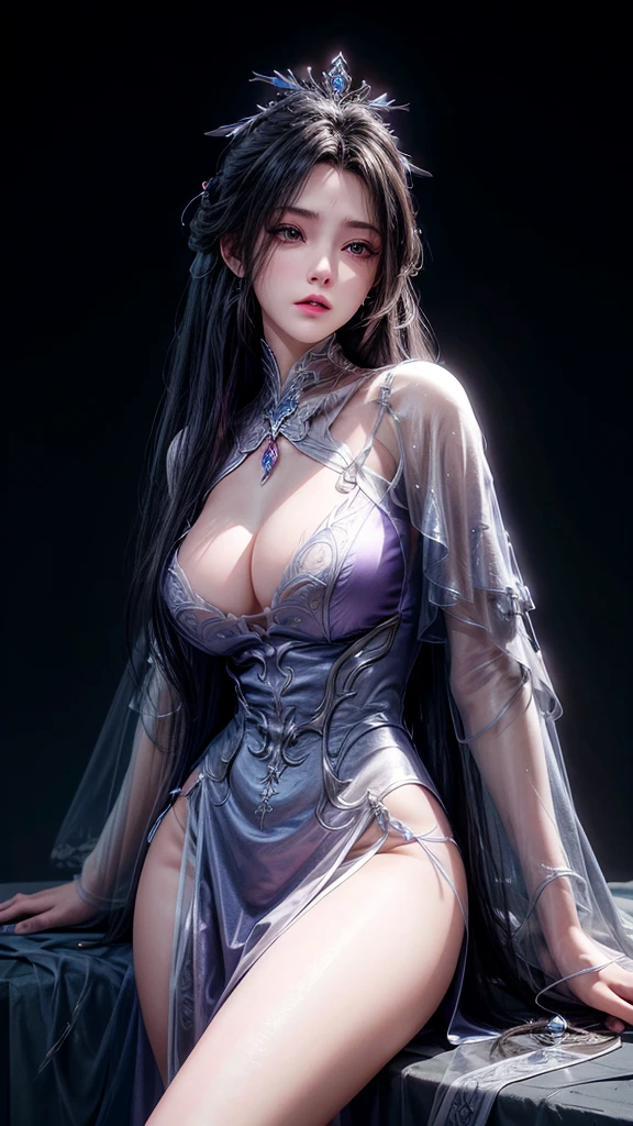 best quality, masterpiece, Big , (Large Breasts), Delicate skin texture, Detailed fabric texture, Delicate face, Super Detail, 8K, Intricate details, 1 Girl, 30 years old, High contrast, High resolution eyes, Purple-haired goddess,Royal sister,Sexy,Black Silk,Long legs。