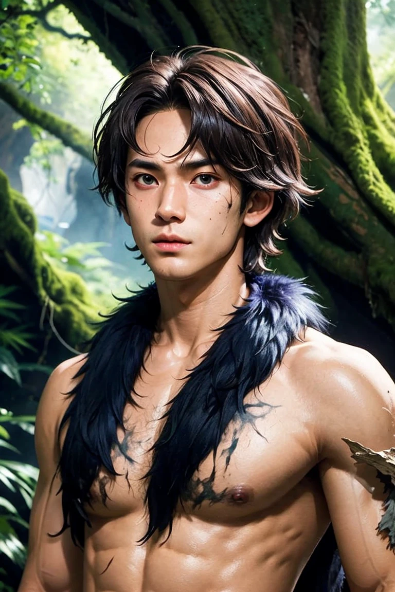 (masterpiece), best quality, expressive eyes, perfect face, male caveman, messy hair, thin, upper body, bare chest, dark hair, ((ancient setting)), cave, tree, handaxe, animal fur over his shoulders