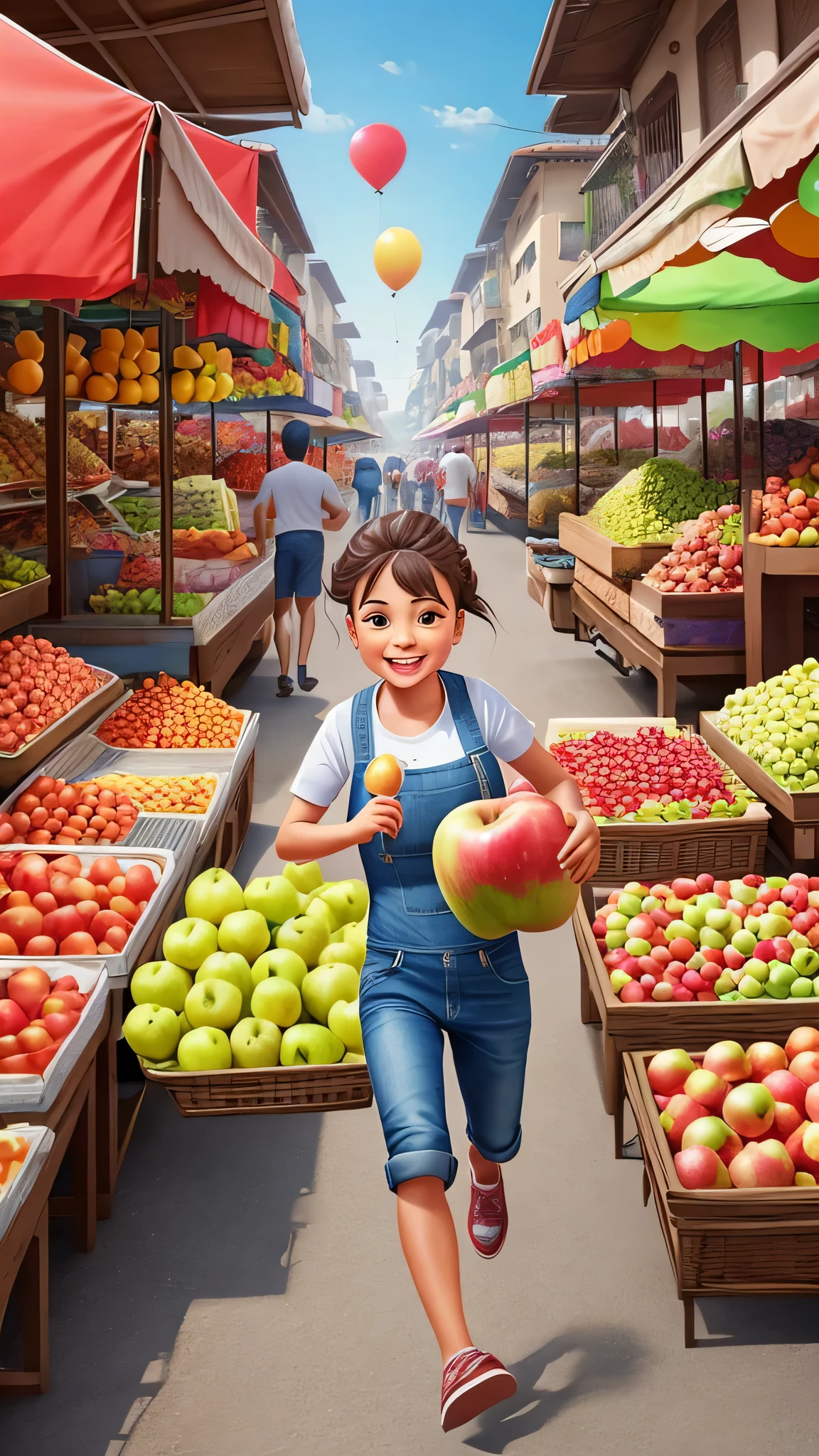 very realistic 4D caricature portrait, a busy traditional market with traders selling their wares, a cute little is running while carrying a balloon, making the fruit seller laugh when she almost hits a pile of apples