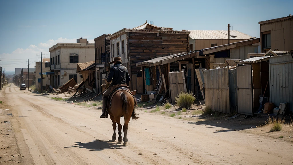 Realistic lone gunslinger named Johnny riding into the deserted town of Redemption on his horse. The town has boarded up buildings and tumbleweeds blowing down the streets.  unreal engine, cinematic