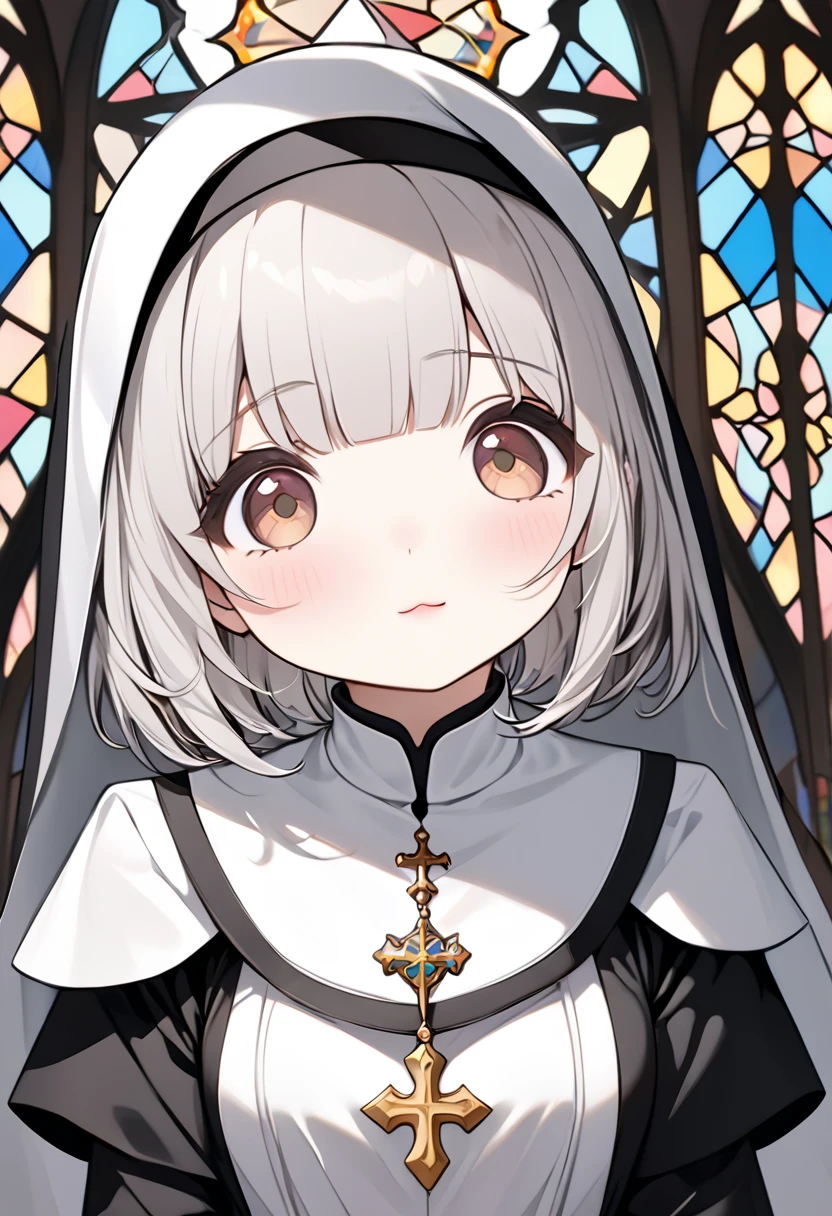 best quality, super fine, 16k, incredibly absurdres, extremely detailed, 2.5D, delicate and dynamic depiction, beautiful and cute nun, wearing pure white monastery uniform, silver bob cut, blunt bangs, pink cheeks, droopy brown eyes, background monastery with stained glass