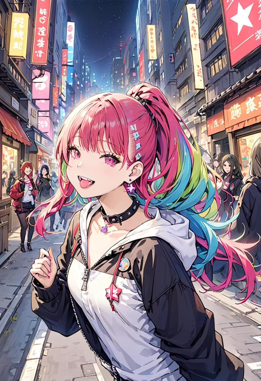(masterpiece:1.2)、Highest quality、PIXIV、Rebellious girl、One girl、Open your mouth、鋭いteeth、teeth、Long Hair、Street background、gem、badge、ボタンbadge、Food、Pink Eyes、Earrings、Jacket、eyelash、Foodを下にして、star (symbol)、Upper Body、Characters in clothes、zipper、collar、cable、chain、tongue、Stickers、hoodie、smile、spike、Focus on the viewer、長いtongue、Chest in the center、Shoulder Bare、Belly button、Colorful hair colors,leaning forward,Cyberpunk city,Night view