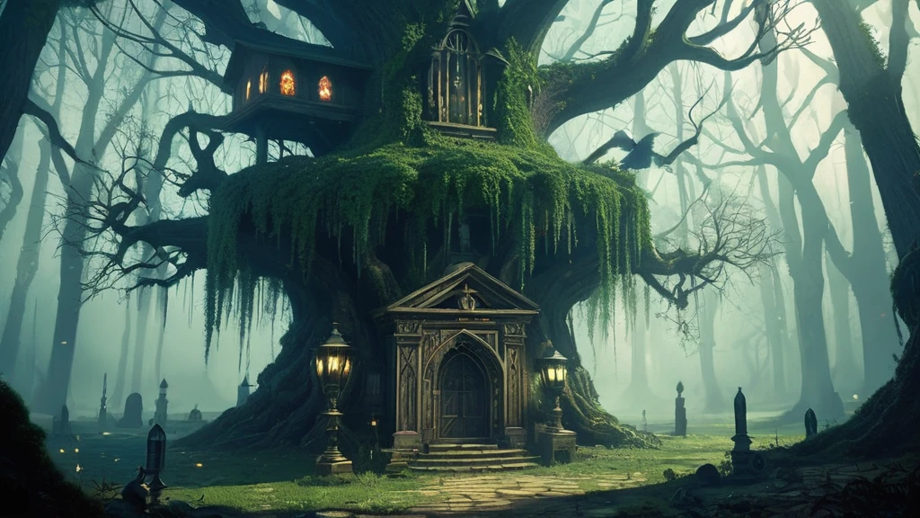Deep within the heart of the Grimwood Forest, where ancient oaks loom like giants and the air is thick with the scent of moss and decay, stands the secluded dwelling of Melisande the Witch. Her house, crafted from gnarled roots and darkened timber, blends seamlessly with the eerie landscape—a haven for those who seek her arcane wisdom or fear her mystical powers.

Surrounded by a labyrinth of twisted pathways and gnarled trees that seem to whisper secrets to the wind, Melisande's home exudes an otherworldly aura. Strange symbols etched into the doorframe pulse with faint, mystical energy, warding off unwelcome intruders and inviting those in need of her services.

Inside the witch's abode, shelves overflow with jars of rare herbs, crystalline phials filled with shimmering elixirs, and ancient tomes bound in leather as black as raven's feathers. A hearth crackles with an unearthly fire, casting flickering shadows upon the walls adorned with intricate runes and protective charms.

As dusk descends upon the Grimwood Forest, a weary traveler or a desperate seeker of forbidden knowledge stumbles upon Melisande's dwelling. Drawn by tales of her powers to mend broken spirits or uncover lost relics, they are welcomed into a world where shadows dance with whispers of ancient magic and the air hums with the scent of arcane herbs.

Yet within the safety of Melisande's sanctuary, secrets lurk beneath the surface. The traveler must navigate a delicate dance of trust and treachery as they delve into the witch's world—a world where alliances shift like shadows and bargains struck under moonlit skies come at a perilous price.

In a realm where darkness holds sway and ancient enchantments linger in every shadow, Melisande's house in the Grimwood Forest becomes a crucible of ambition and desire, where the boundaries between light and darkness blur and the choices made within its walls shape the fate of those who dare to seek the witch's counsel.