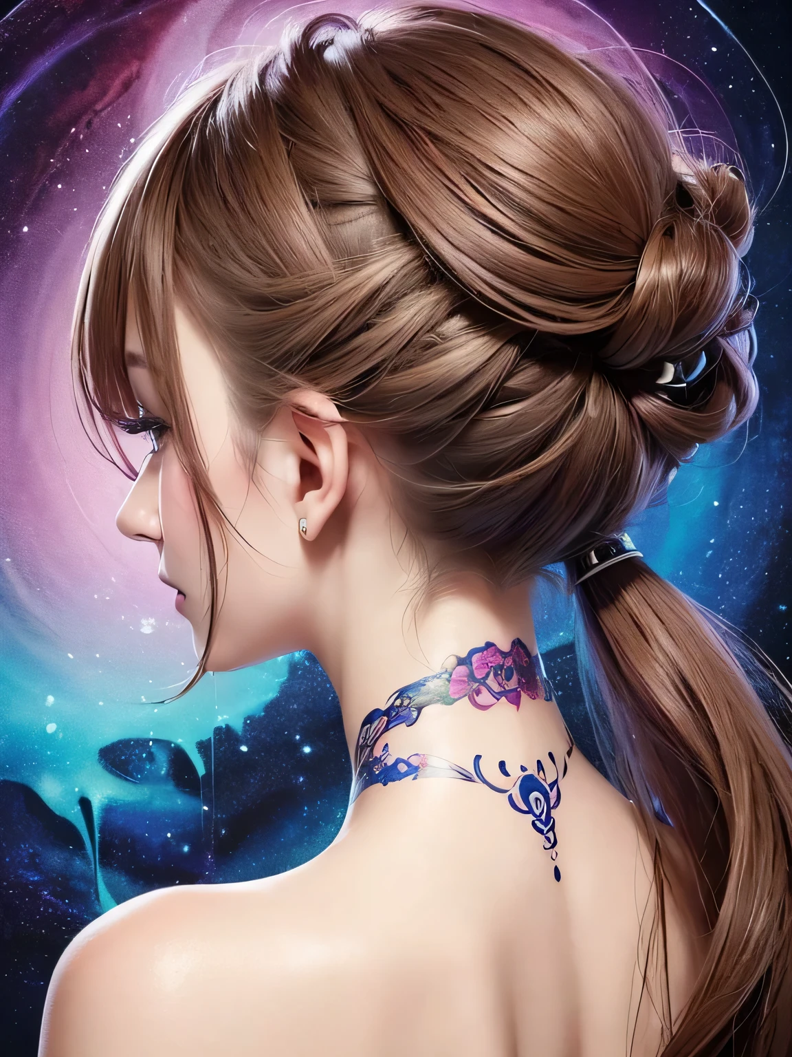 Nice style、(((Stylish fashion))), 8K quality、Intense watercolor, Detailed watercolor art, Watercolor splash, surreal, Avant-garde pop art, Beautiful and expressive paintings, Beautiful artwork illustration, Very colorful tones, wonderful, Cool Beauty, Highest quality、Official Art, vector art, stylish design, (((The most beautiful girl))), (((Highest quality))), High resolution, ((detailed)), (((Doodle Art)), ((masterpiece)), ((Super detailed)),  (((stylish))),(((back of head)))