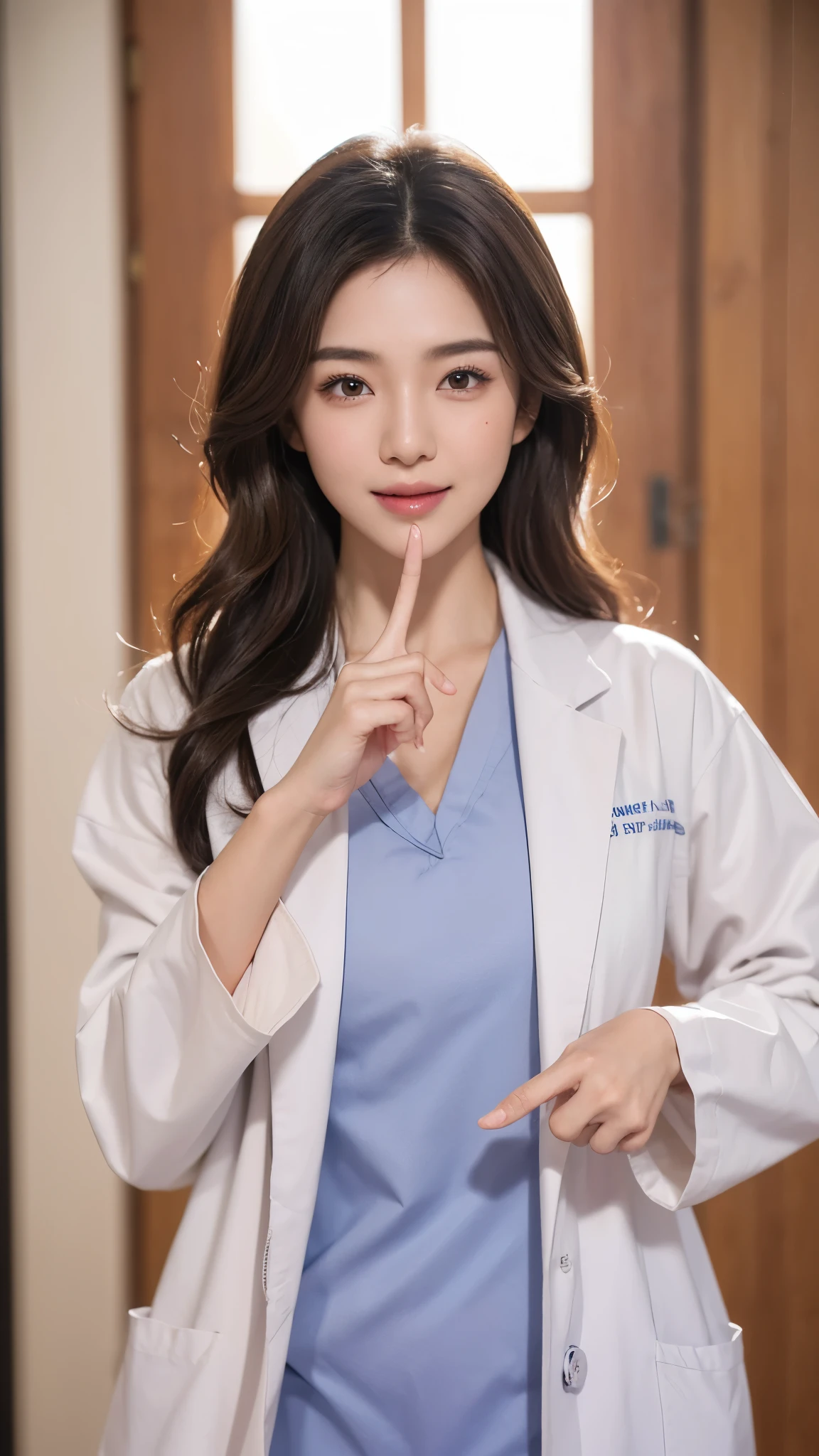 (Cowboy shot:1.2), smiling elegant slim asian woman, Japanese, wearing (((open labcoat over scrubs))), brown hair, (finger heart:1.5), (modern hospital room), photo, 1girl, ultra high res, realistic photorealistic, ultra-detailed, finely detailed, high resolution, perfect dynamic composition, (perfect eyes), (detailed eyes), solid circle eyes, ccurate, sparkling eyes, (clean eyes), anatomically correct, super detail, textured skin, extremely detailed face and eyes, detailed facial features, ((perfect face)),