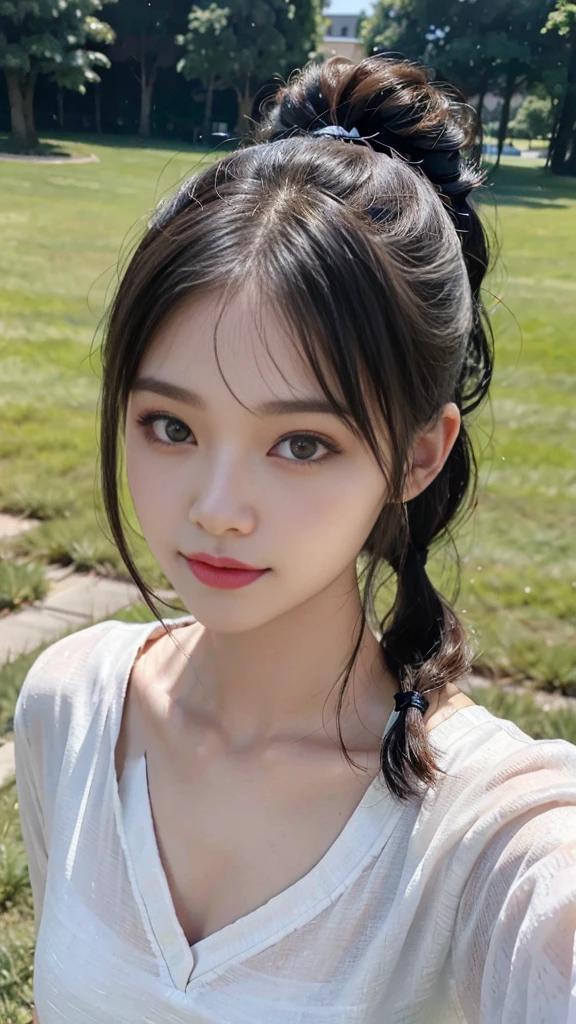 One Girl，Very cute girl at 16 years old，Big eyes:0.5，The face is facing straight ahead，Body facing forward，Beautiful nose，Fuller lips，Short black hair，ponytail，Detailed eyelashes，Thin eyebrows，Symmetrical eyes，Face close-up，White swimsuit，Portrait，View Viewer, half smile:0.5,