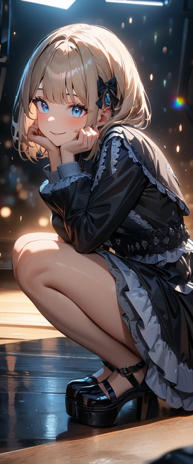 (((One girl))), Shibuya, streat, blond hair, bob cut, (looking at viewer), (((full body))), squatting, head rest, breasts, ager, head tilt:1.3, (((blue eye))), constricted pupils, (from side:1.3), ((happy smile)), (((gothic loli.3))), short dress, bare legs, ((black platform footwear)), hair ornament, hair ribbon, anime style, (best quality, 4k, 8k, highres, masterpiece:1.2, ultra-detailed, ultra-detailed eyes, HDR, UHD, studio lighting, ultra-fine painting, sharp focus, physically-based rendering, extreme detail description, professional, vivid colors, bokeh)