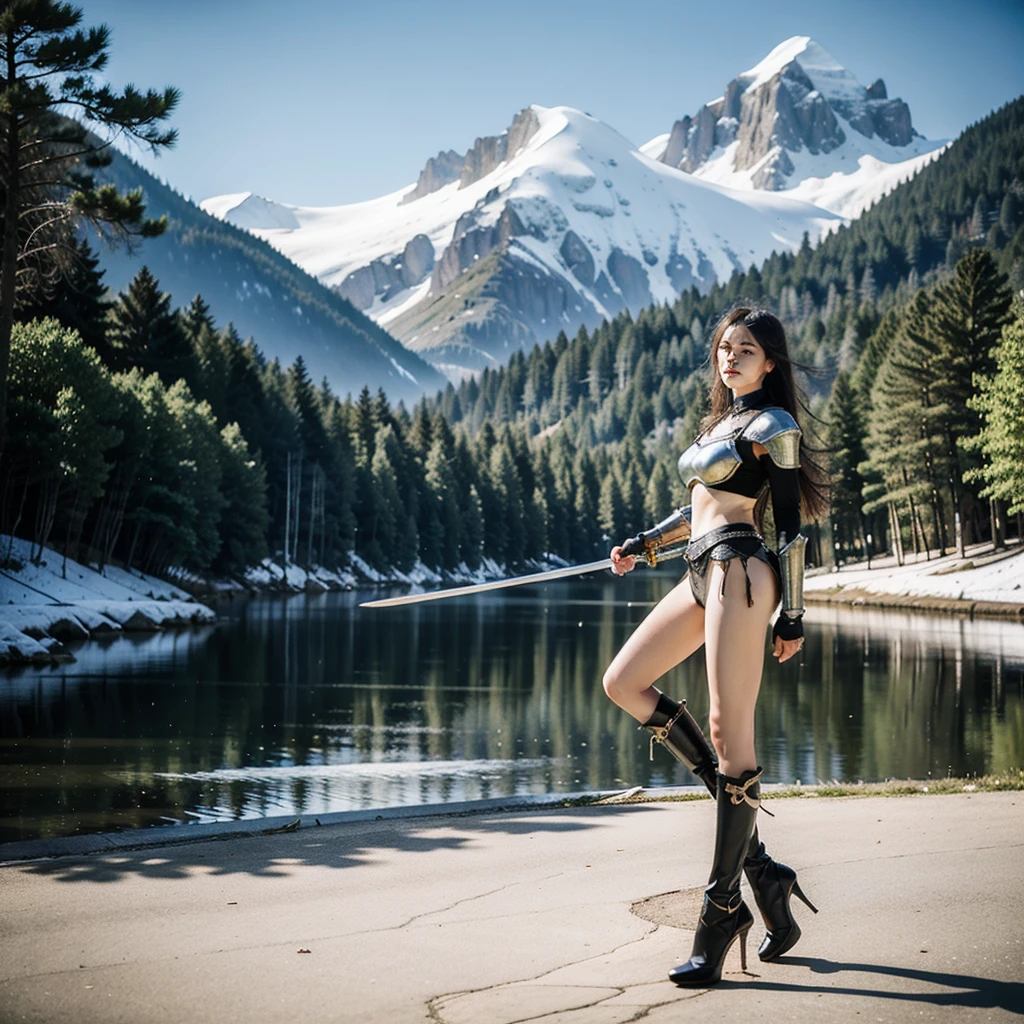 realism, High Detail, Ultra HD, masterpiece, Textured Skin, 4K, best quality,Beautiful Young Swordsman,Fantasy style armor,High heel armor shoes,Wield a sword,Reality,Sexy,Ultra-high resolution,Widescreen,Fantasy Background,Snow-capped mountains in the distance,Green forest nearby