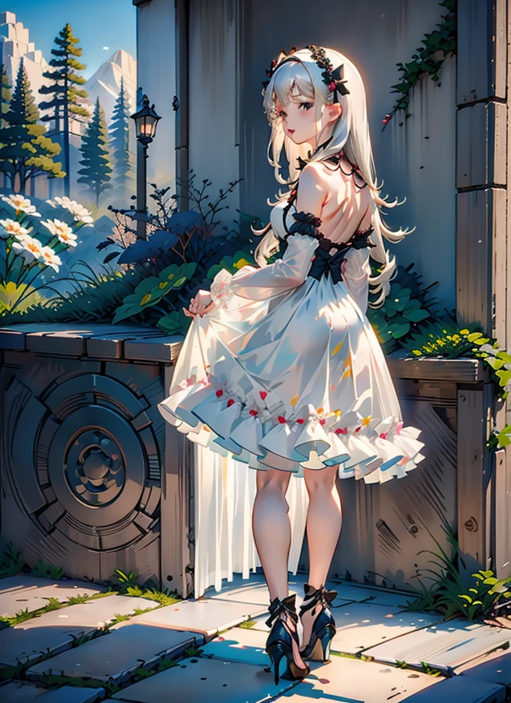 (Extremely delicate and beautiful:1.5),A Russian girl in her early 20s with ash grey hair, standing on your feet, solo, full body，Sweet face，Light smile，By bangs, Gemstone eyes, Contre-Jour，Long curly hair, Black-gothic-****ta dress, Keep one's mouth shut, seen from the side, lanterns, light particules, longer sleeves, looking at viewert，pink bows, The background is filled with seven color lays, The face is dense((must)), Masterpiece