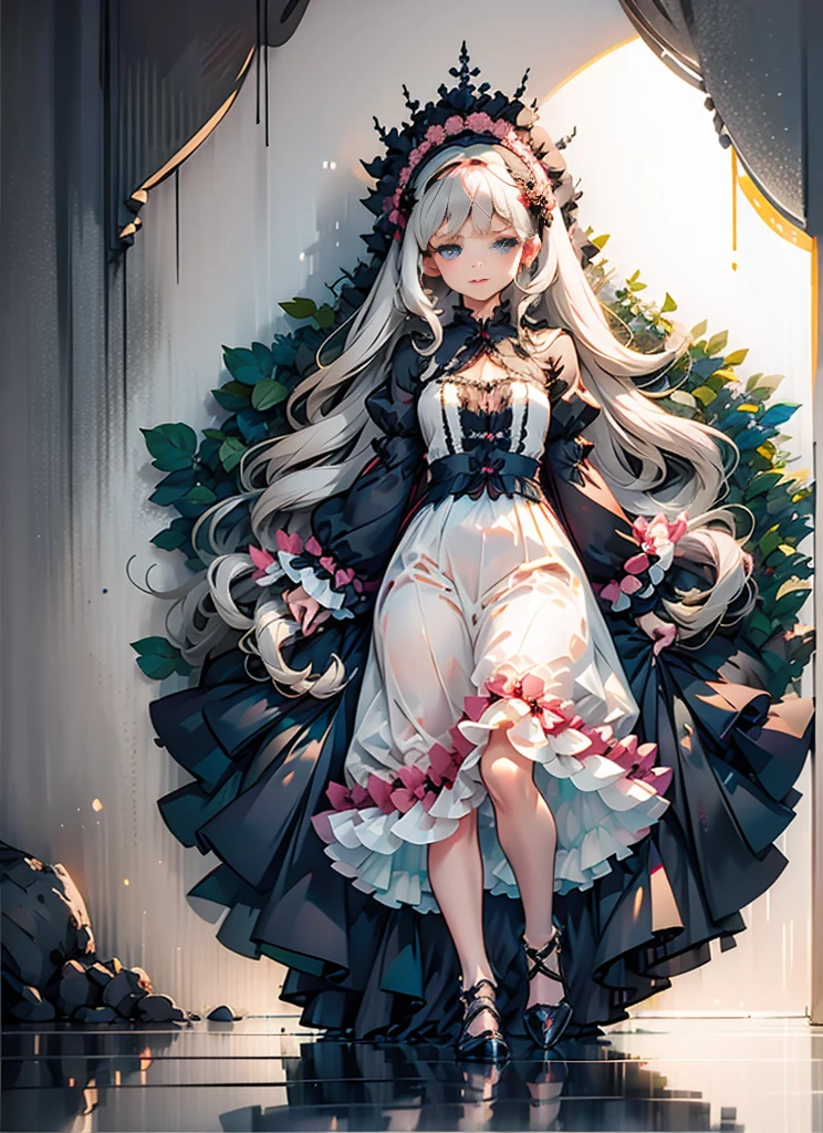 (Extremely delicate and beautiful:1.5),A Russian girl in her early 20s with ash grey hair, standing on your feet, solo, full body，Sweet face，Light smile，By bangs, Gemstone eyes, Contre-Jour，Long curly hair, Black-gothic-lolita dress, Keep one's mouth shut, seen from the side, lanterns, light particules, longer sleeves, looking at viewert，pink bows, The background is filled with seven color lays, The face is dense((must)), Masterpiece