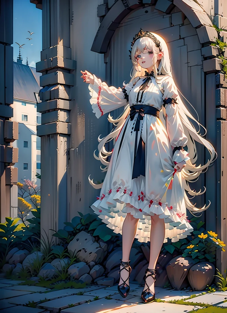 (Extremely delicate and beautiful:1.5),A Russian girl in her early 20s with ash grey hair, standing on your feet, solo, full body，Sweet face，Light smile，By bangs, Gemstone eyes, Contre-Jour，Long curly hair, Black-gothic-lolita dress, Keep one's mouth shut, seen from the side, lanterns, light particules, longer sleeves, looking at viewert，pink bows, The background is filled with seven color lays, The face is dense((must)), Masterpiece