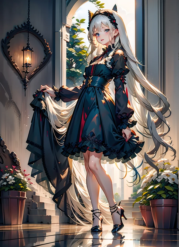 (Extremely delicate and beautiful:1.5),A Russian girl in her early 20s with ash grey hair, standing on your feet, solo, full body，Sweet face，Light smile，By bangs, Gemstone eyes, Contre-Jour，Long curly hair, Black-gothic-lolita dress, Keep one's mouth shut, seen from the side, lanterns, light particules, longer sleeves, looking at viewert，pink bows, The background is filled with seven color lays, The face is dense((must)), Masterpiece