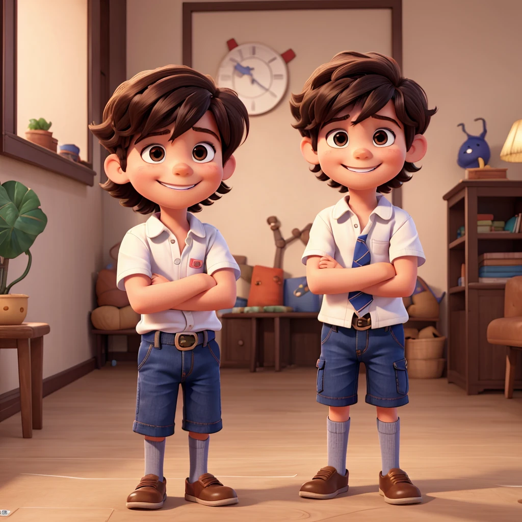 A 5 year old boy with hair, Smiling and with my arms crossed. 8K, UHD and pixar style.