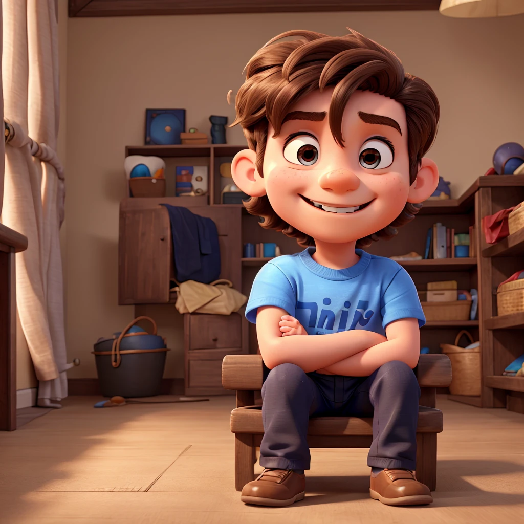 A 5 year old boy with hair, Smiling and with my arms crossed. 8K, UHD and pixar style.