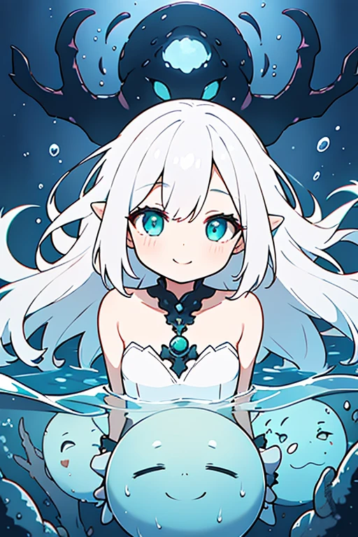 1girl, {young}, white hair, white dress, flat chest, Eldritch horror waifu, 1 eye, barnicles covering left eye, smiling, arms wide open, underwater, deep sea, abyss, green water, Lovecraftian