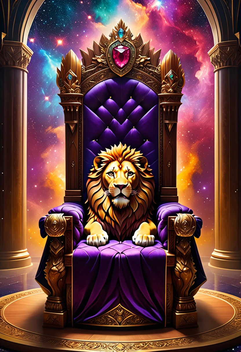 a picture of a massive epic throne, it has purple silk cushions, rubies, topaz, aquamarine gemstones artwork, the throne is epic in its majestic, power, and royalty, symmetric with many wood leonine carvings on the handle, (a roaring lion head carved on the top of the seat of the throne: 1.3), there is and gem artwork, behind the throne there are stars and nebulas of space a sense of high royalty, nobility and magic , (masterpiece: 1.4) intense details, highly detailed, photorealistic, best quality, highres,16k, [ultra detailed], masterpiece, best quality, (extremely detailed), close up, ultra wide shot, photorealistic, RAW, fantasy art, dnd art, fantasy art, realistic art,((best quality)), ((masterpiece)), (detailed: 1.5), ladyshadow, RagingNebula