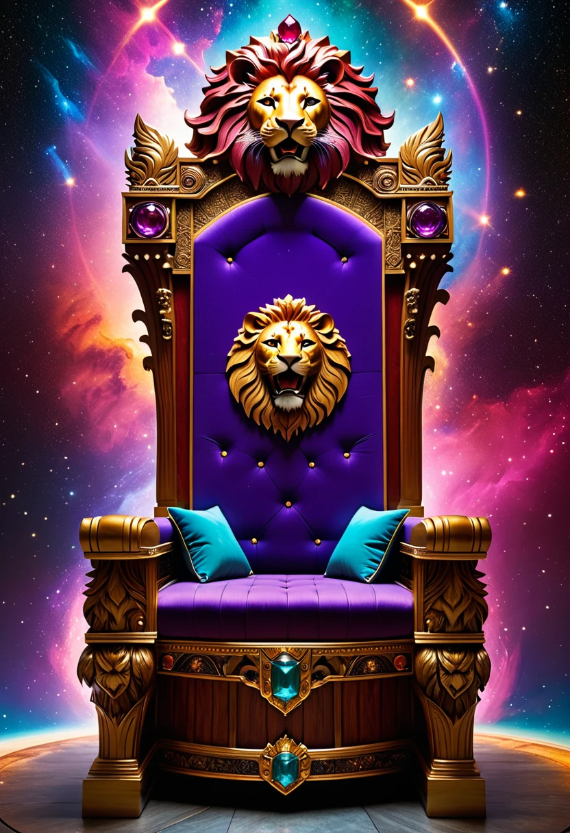 a picture of a massive epic throne, it has purple silk cushions, rubies, topaz, aquamarine gemstones artwork, the throne is epic in its majestic, power, and royalty, symmetric with many wood leonine carvings on the handle, (a roaring lion head carved on the top of the seat of the throne: 1.3), there is and gem artwork, behind the throne there are stars and nebulas of space a sense of high royalty, nobility and magic , (masterpiece: 1.4) intense details, highly detailed, photorealistic, best quality, highres,16k, [ultra detailed], masterpiece, best quality, (extremely detailed), close up, ultra wide shot, photorealistic, RAW, fantasy art, dnd art, fantasy art, realistic art,((best quality)), ((masterpiece)), (detailed: 1.5), ladyshadow, RagingNebula