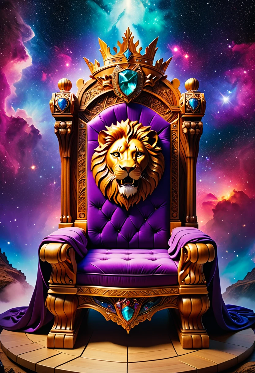 a picture of a massive epic throne, it has purple silk cushions, rubies, topaz, aquamarine gemstones artwork, the throne is epic in its majestic, power, and royalty, symmetric with many wood leonine carvings on the handle, (a roaring lion head carved on the top of the seat of the throne: 1.3), there is and gem artwork, behind the throne there are stars and nebulas of space a sense of high royalty, nobility and magic , (masterpiece: 1.4) intense details, highly detailed, photorealistic, best quality, highres,16k, [ultra detailed], masterpiece, best quality, (extremely detailed), close up, ultra wide shot, photorealistic, RAW, fantasy art, dnd art, fantasy art, realistic art,((best quality)), ((masterpiece)), (detailed: 1.5), ladyshadow, RagingNebula