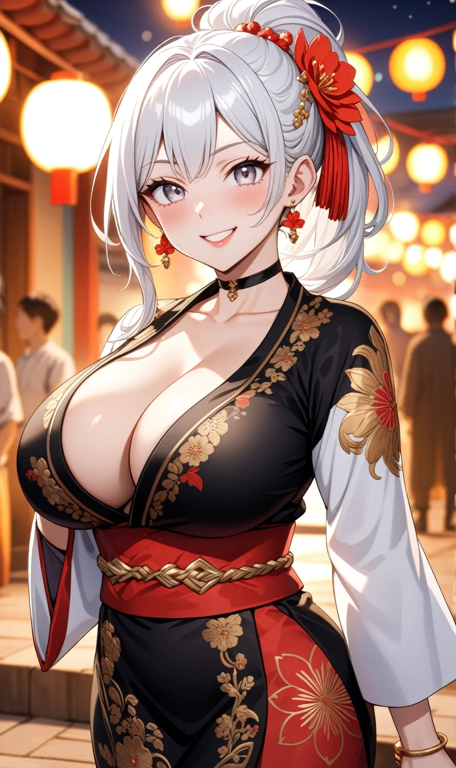 (One personの女性)), Beautiful Face, (Laughing embarrassedly), ((smirk)), ((Wink:1.8)), Laugh with your mouth wide open,((Bright red cheeks:1.4)),Shiny red lips, night,rooftop,Festivals, firework,Glossy pink lips,Facial lighting,((Anime style background)),masterpiece, Highest quality, so beautiful,up to date, Complex details, (4fingers and 1thumbs), (Pink long nails), (ring),(bracelet),(choker),AI-generated, Complex,High resolution, Highest quality, super high quality,3D Images、3D Images,One person,Long white hair in a high ponytail,(Pale eyes), ((Fine grain、Silvery white eyes、Shining Eyes:1.4)), (Squint your eyes:1.1), Anime woman posing for a photo, a hyperRealistic , hyperRealistic , Realistic,Anime woman with long white hair, Smooth anime CG art, A woman in a colorful kimono with gold embroidery, (Black long sleeve kimono), Red floral pattern,Long flower hair ornament,Earrings,Mature Body,(Big Breasts:1.1),Tall,Abdominal muscles,Narrow waist,(Zoom in on face:1.1),