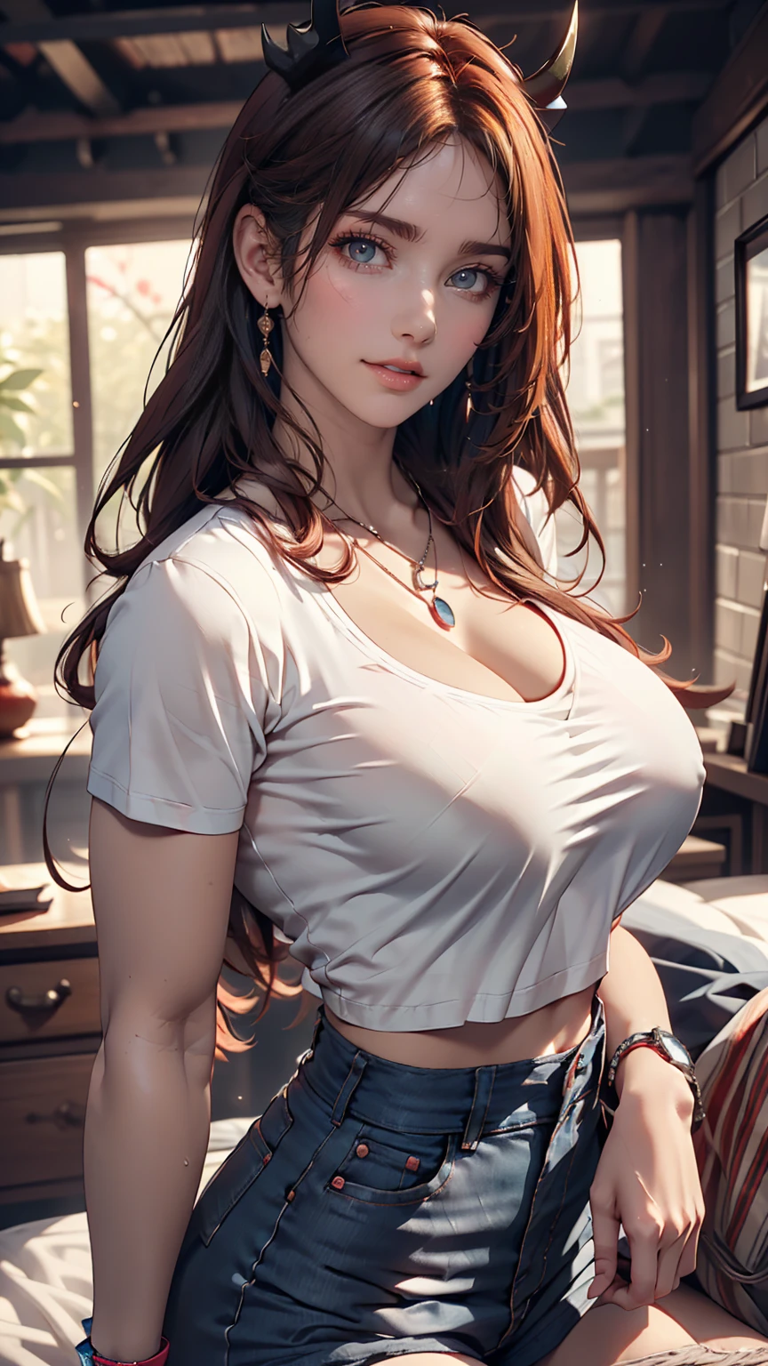 Very detailed, Seductive erotic woman with horns, A shirt that fits snugly against the skin, (Big Breasts, My chest is so big that it tears my shirt, Redhead), Focus on the face, Focus on the face, Complex eyes,Sexy proportions、Sexy、Narrow waist、necklace、Wear accessories on your wrist、