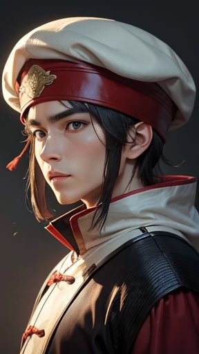 (He is wearing ancient Chinese clothing)、(He wore a white beret loosely wrapped around his head like a turban.)、(His beret fits perfectly over his helmet.)、(His beret puffs up like a normal hood and hangs down behind his head.)、