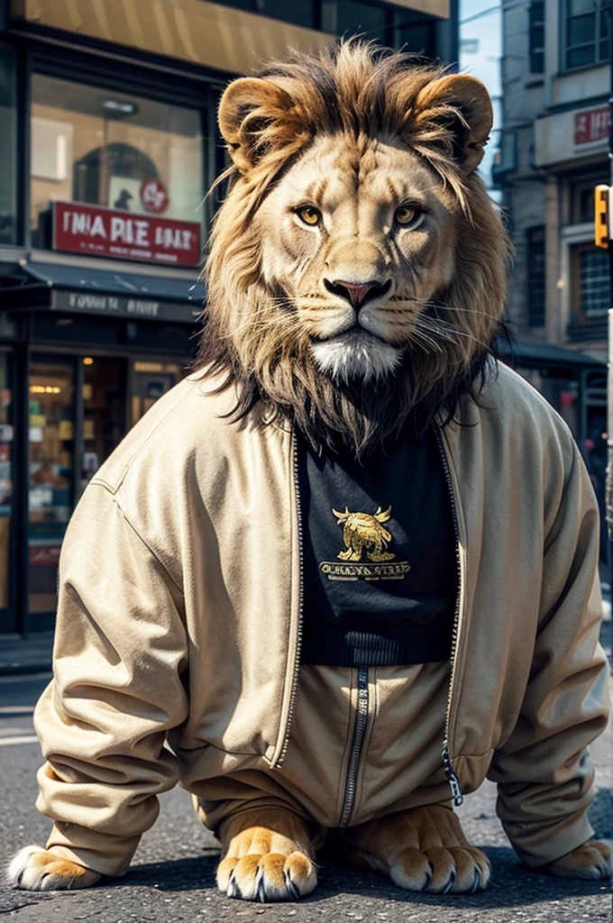 pixelart Generates an image of a lion on the street, with current rapper style clothing, Show full body, Transparent background.