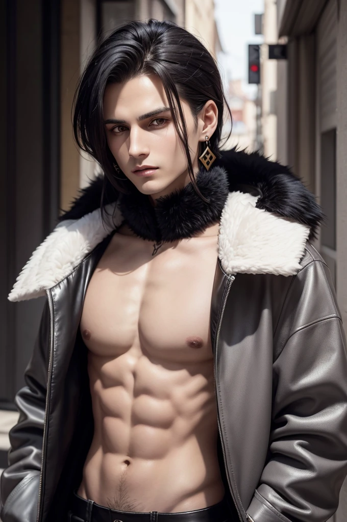 Chrollo is a handsome young man with dark hair and gray eyes.. Two of her distinguishing features are her cross-shaped tattoo on her forehead and a pair of sphere-shaped earrings.. He is usually seen wearing a leather coat with a fur collar and fur coat that is unbuttoned., revealing his muscular body, the jacket is printed with the golden St. Peter&#39;s Cross on the back