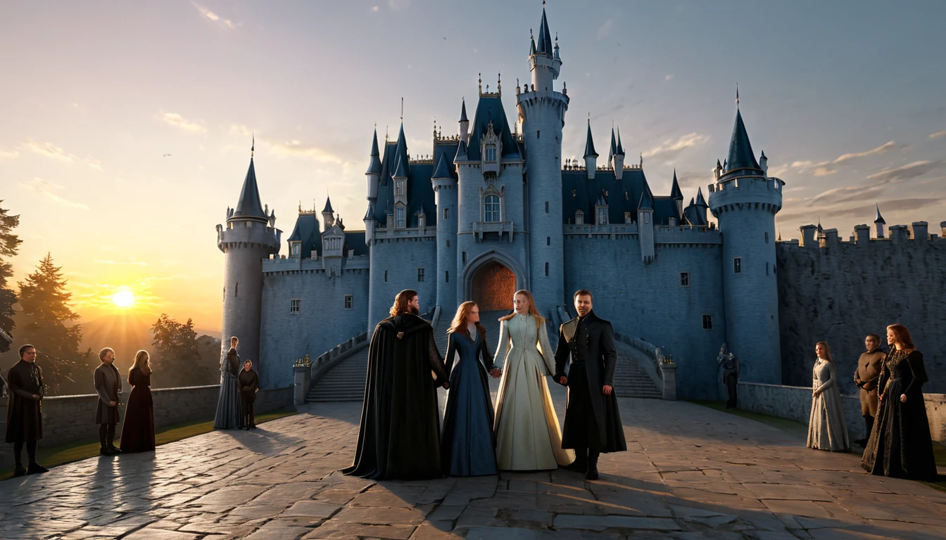 wallpaper，32k，(Realist），The Stark family stands in front of the European-style castle，At dusk, the setting sun，Realistic physical rendering，Tyndall effect，Light Effect，Throne of Power