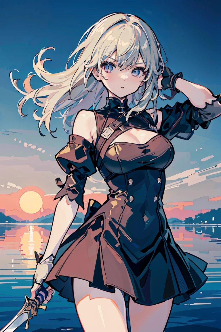 2b, Nier Automata,Cover your eyes with a black cloth, ((1 Girl)), (Detailed and clear face) ,Cool woman,Rough poses, Warrior,Moonlit Night, Standing on the lake, ,(Holding a long sword)Arondight, Sad expression, new, (Cowboy Shot),((Very detailed,Highest quality, High resolution, 8K壁紙, 美new服,)),((Messy Hair)), Blowing in the Wind,16-year-old girl, Romanticism, modern art, Impressionism, reflected light, 8K, masterpiece, Advanced Details, Highest quality, Accurate anatomy, Five Fingers