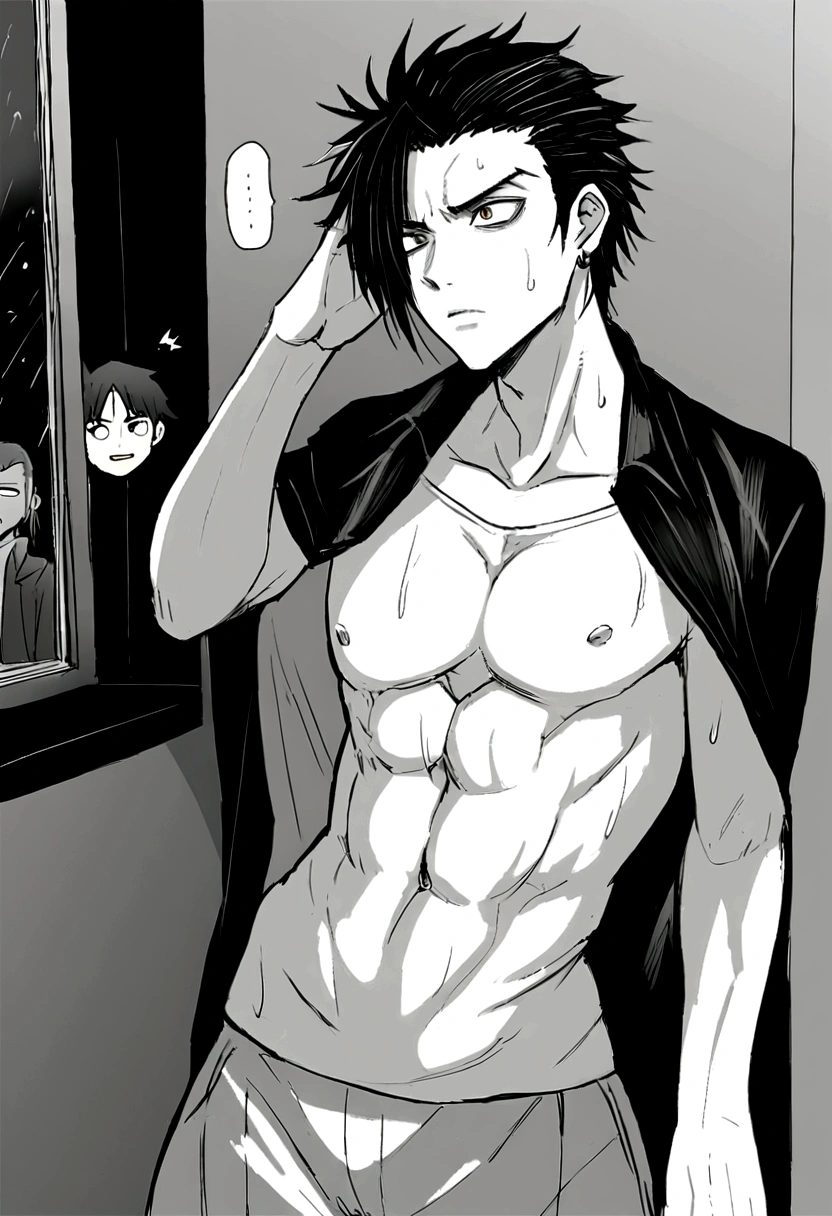 Conan Exile Style, son (eye) (21 years), White skin, One young man, Most voted Pixiv, Sculpted body, , Short black hair on the sides, short hair, 黒いeye, D&キャラクターD, high school student ,,Black clothes, Modern style clothes, , human, a handsome guy, Young Face, Skill Image, Surprised face, dark air, Wet day