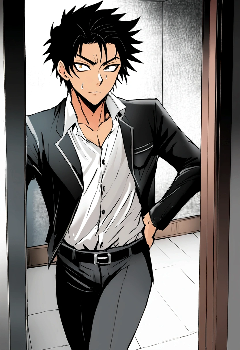Conan Exile Style, son (eye) (21 years), White skin, One young man, Most voted Pixiv, Sculpted body, , Short black hair on the sides, short hair, 黒いeye, D&キャラクターD, high school student ,,Black clothes, Modern style clothes, , human, a handsome guy, Young Face, Skill Image, Surprised face, dark air, Wet day