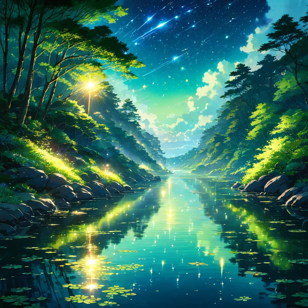 Quietly nestled in the deep forest、SilenceなLakeside。On the water surface、Like a star in the night sky々As if reflected、Countlessのfireflyの光が揺らめいている。fireflyの光は、Pale green or pale blue glow、Surrounding trees々をFantasyに照らしている。Lakesideの草木は、fireflyの光を受けて、Shine like a jewel、It exudes breathtaking beauty。美しいAnime Scenery, Landscape painting, Beautiful digital painting, Andreas Rocha, Beautiful artwork illustration, Awesome Wallpapers, Raymond Han, Tall beautiful paintings, Studio Ghibli Makoto Shinkai, Beautiful Wallpapers, Anime Scenery, firefly, Countless, Lakeside, Silence, Fantasy, Humans don't draw