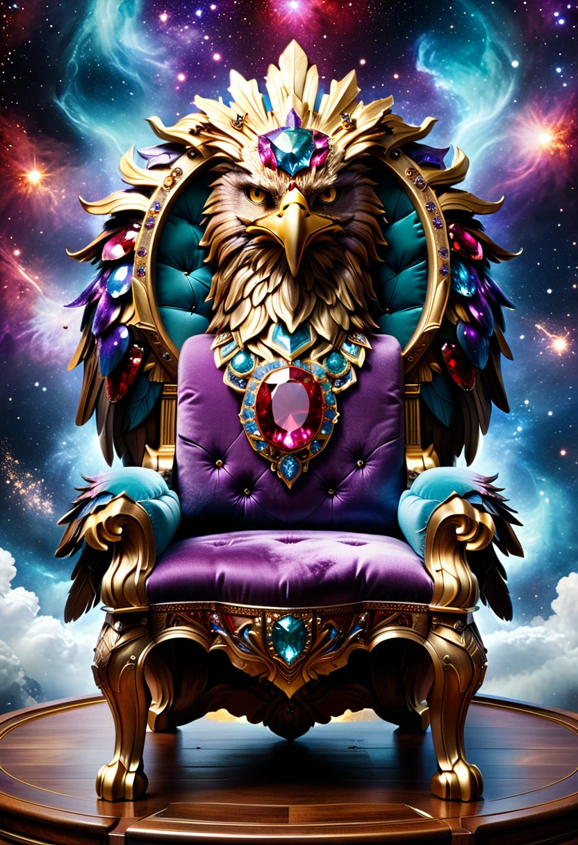 a picture of a massive epic throne, it has purple silk cushions, rubies, topaz, aquamarine gemstones artwork, the throne is epic in its majestic, power, and royalty, symmetric with many wood leonine carvings on the handle, (a majestic bold eagle head carved on the top of the seat of the throne: 1.3), there is and gem artwork, behind the throne there are stars and nebulas of space a sense of high royalty, nobility and magic , (masterpiece: 1.4) intense details, highly detailed, photorealistic, best quality, highres,16k, [ultra detailed], masterpiece, best quality, (extremely detailed), close up, ultra wide shot, photorealistic, RAW, fantasy art, dnd art, fantasy art, realistic art,((best quality)), ((masterpiece)), (detailed: 1.5), RagingNebula
