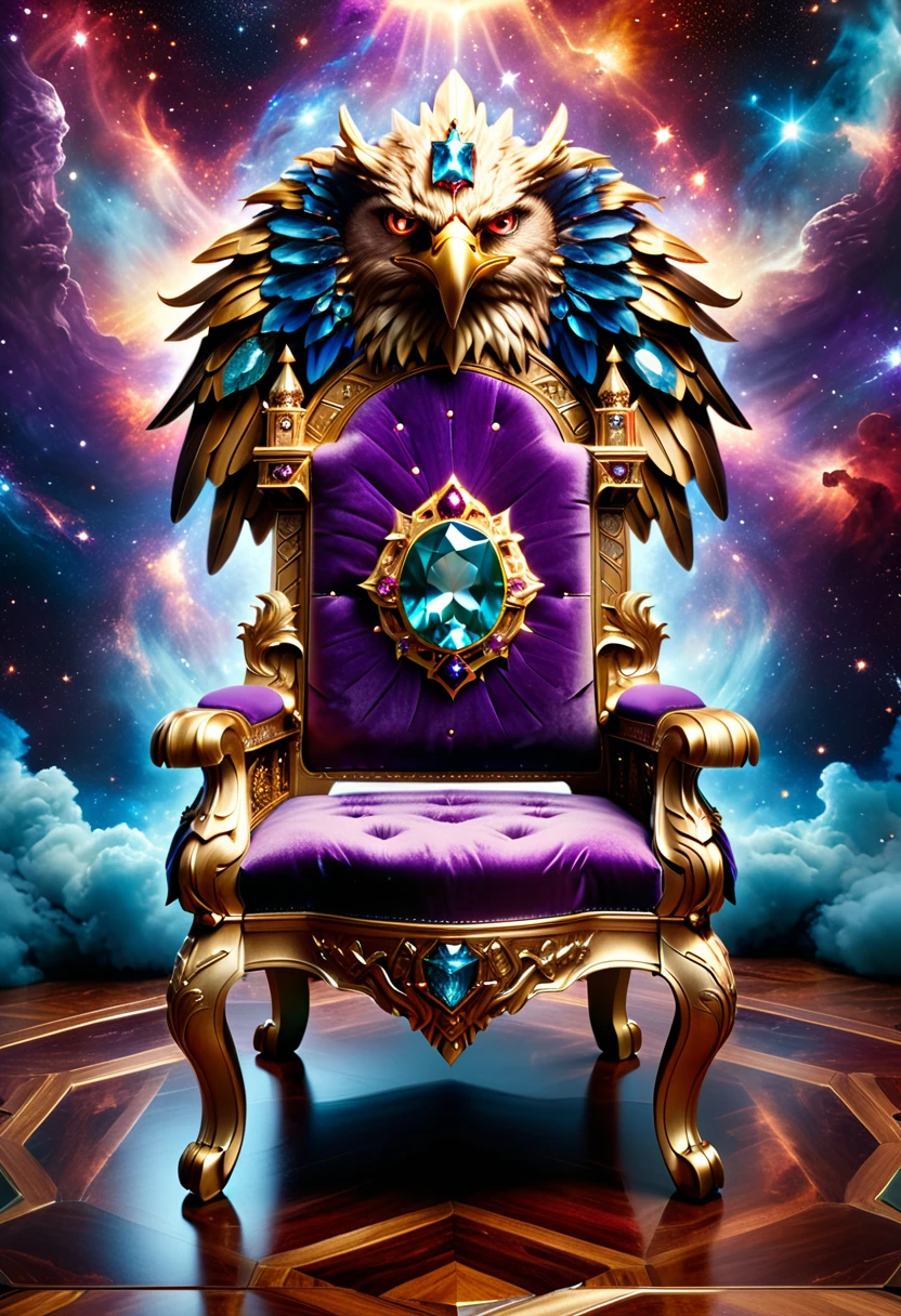 a picture of a massive epic throne, it has purple silk cushions, rubies, topaz, aquamarine gemstones artwork, the throne is epic in its majestic, power, and royalty, symmetric with many wood leonine carvings on the handle, (a majestic bold eagle head carved on the top of the seat of the throne: 1.3), there is and gem artwork, behind the throne there are stars and nebulas of space a sense of high royalty, nobility and magic , (masterpiece: 1.4) intense details, highly detailed, photorealistic, best quality, highres,16k, [ultra detailed], masterpiece, best quality, (extremely detailed), close up, ultra wide shot, photorealistic, RAW, fantasy art, dnd art, fantasy art, realistic art,((best quality)), ((masterpiece)), (detailed: 1.5), RagingNebula