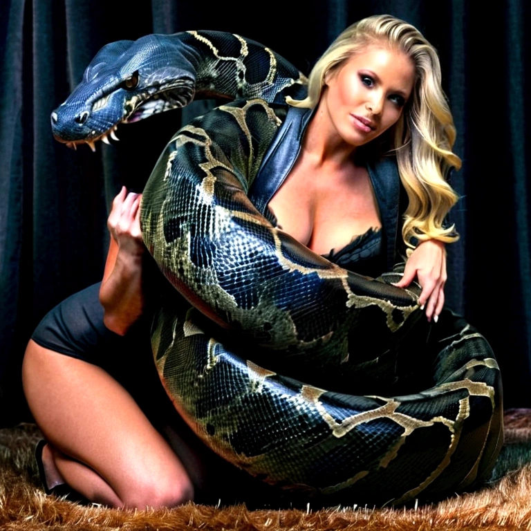 Happy Horny, aroused 1girl), beautiful kneeling blonde young teen girl  with  giant colossal black titanboa squeezing her hard, wrapped in thick spiraling coils, constricted, struggle, gasping for air, snake attack, snake peril, moonless night, dim light