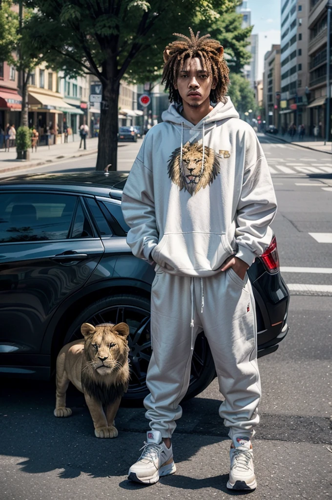 pixelart Generates an image of a lion on the street, with current rapper style clothing, Show full body, Transparent background.