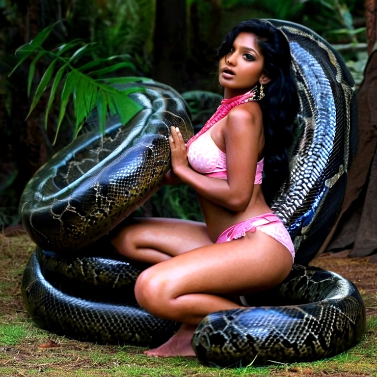 Topless pink panties Happy Horny, aroused 1girl), beautiful kneeling Indian young girl with giant colossal black titanboa squeezing her hard, wrapped in thick spiraling coils, constricted, struggle, gasping for air, snake attack, snake peril, moonless night, dim light