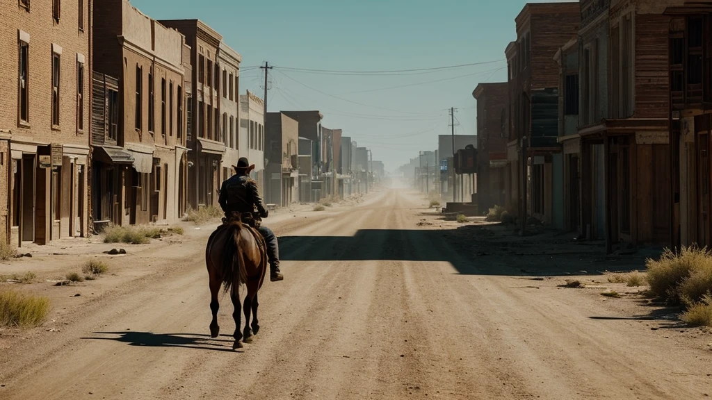 Realistic lone gunslinger named Johnny riding into the deserted town of Redemption on his horse. The town has boarded up buildings and tumbleweeds blowing down the streets. unreal engine, cinematic