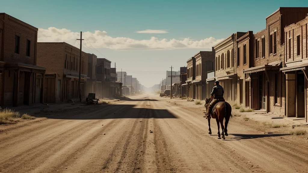 Realistic lone gunslinger named Johnny riding into the deserted town of Redemption on his horse. The town has boarded up buildings and tumbleweeds blowing down the streets. unreal engine, cinematic