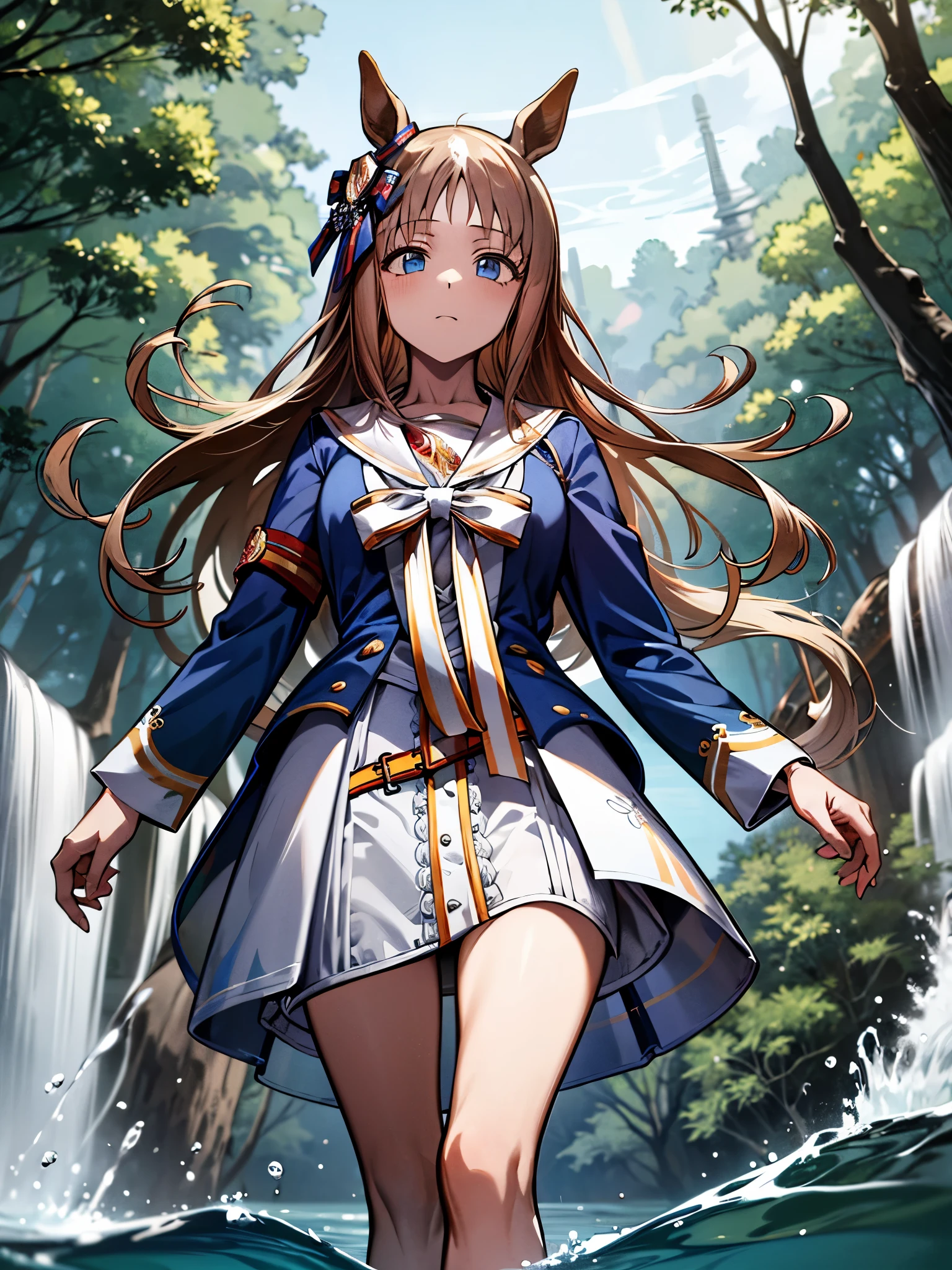 grass wonder \(Umamusume\), 1 girl, Solo, Best Quality, masutepiece, 8K, High resolution, Ultra-detailed, from below, standing on the water, Blue jacket, White sailor color, Long sleeves, White skirt, barefoot, water falls, in the forest,