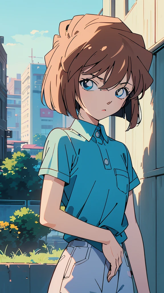 masterpiece, best quality, beautiful face, (street, upper body:1.4), anime style, (1girl in, Solo:1.0), (Haibara Ai), ((Short pants)), (((Big eyes))), (Cute anime girl head), (flat chest),looking at viewer,With a height of 100cm, shoot from front, (head shot), Simple line minimalism, Abstract Art, City background, anime opening movie